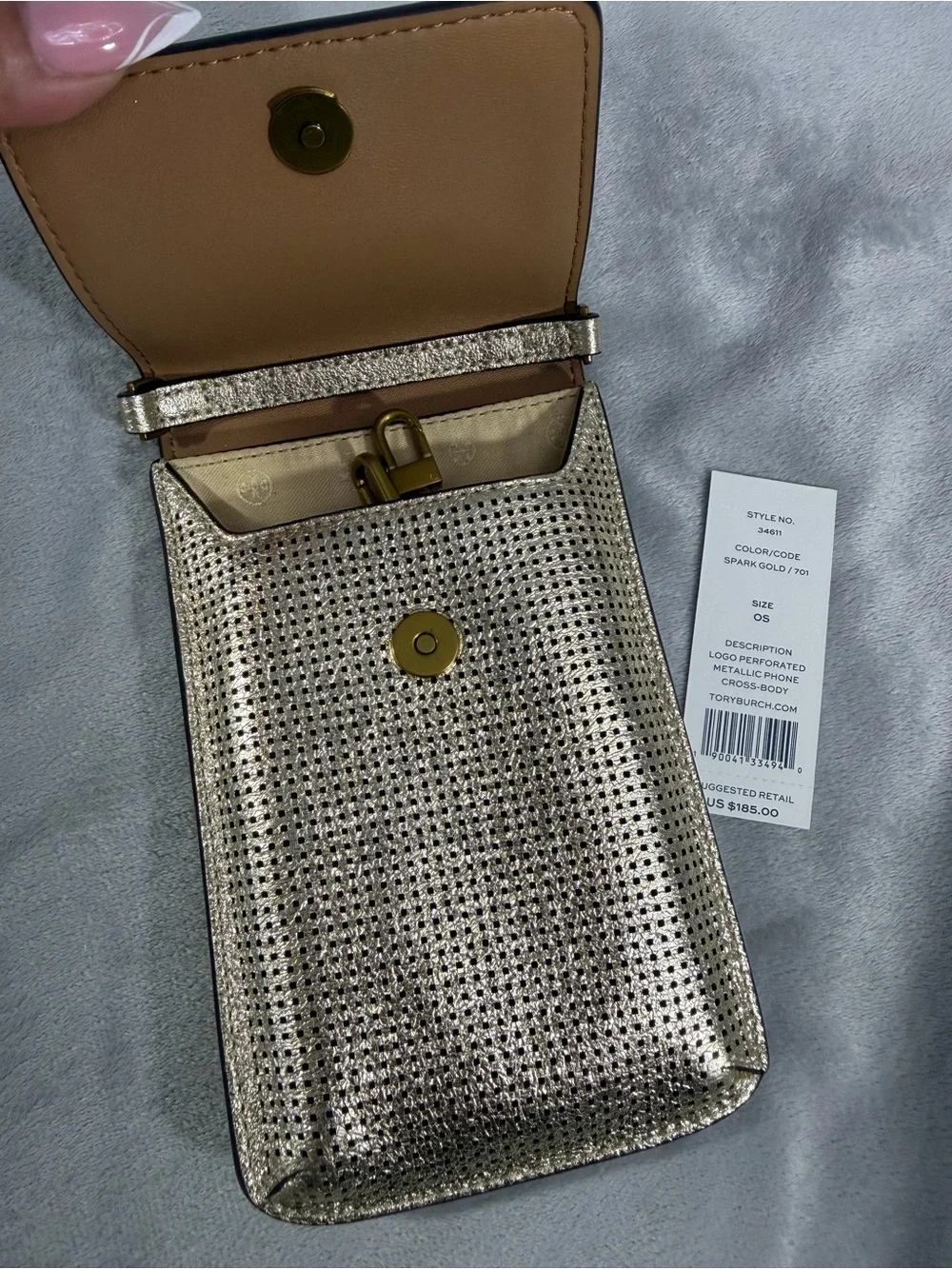 Tory Burch Metallic Perforated Phone Crossbody - Light Gold  Style: 34611
